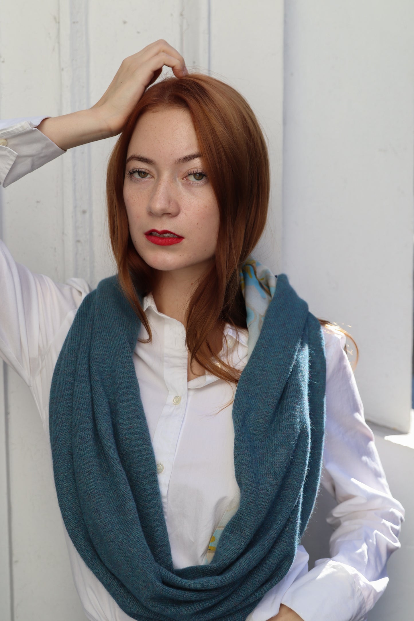 Ice Blue Magnolias Infinity Blue Cashmere Silk Chiffon Scarf | cukimber designs