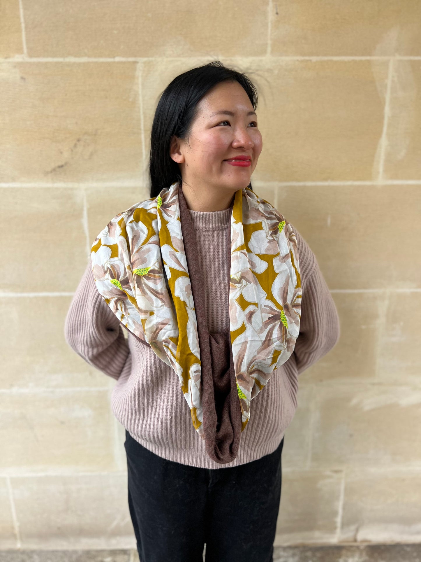 Ochre Magnolias Infinity Light Brown Cashmere Silk Chiffon Scarf | cukimber designs