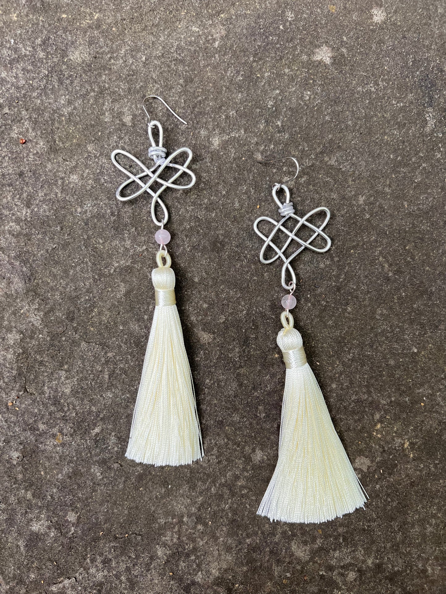 Infinity Knots - Rose Quartz Cream Tassel Earrings