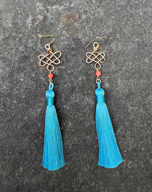 Infinity Knots - Coral Blue Tassel Earrings
