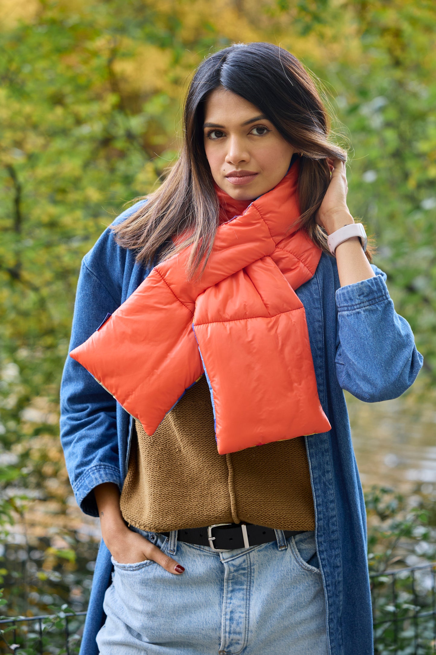Orange Plaid Puffer Scarf | Colorful Winter | cukimber designs