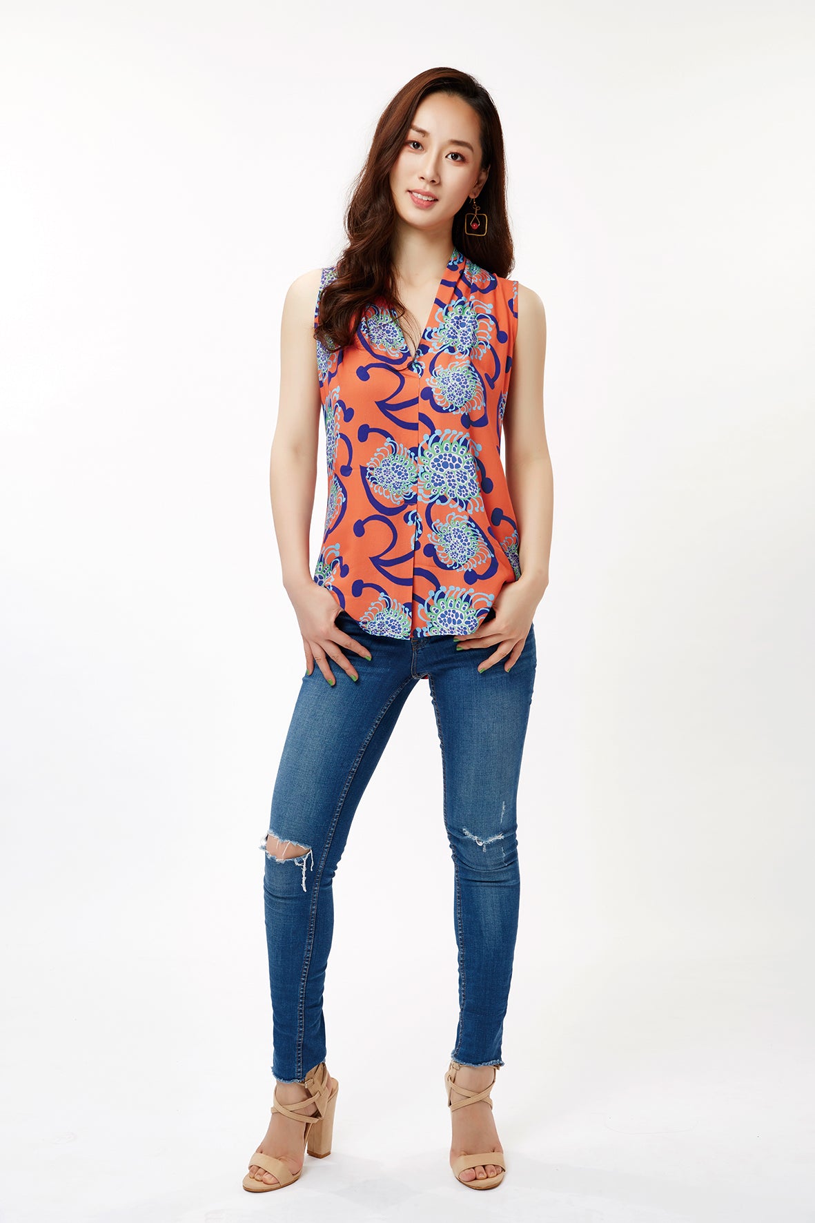 Coral / Blue Alien Flowers Sleeveless Blouse | cukimber designs