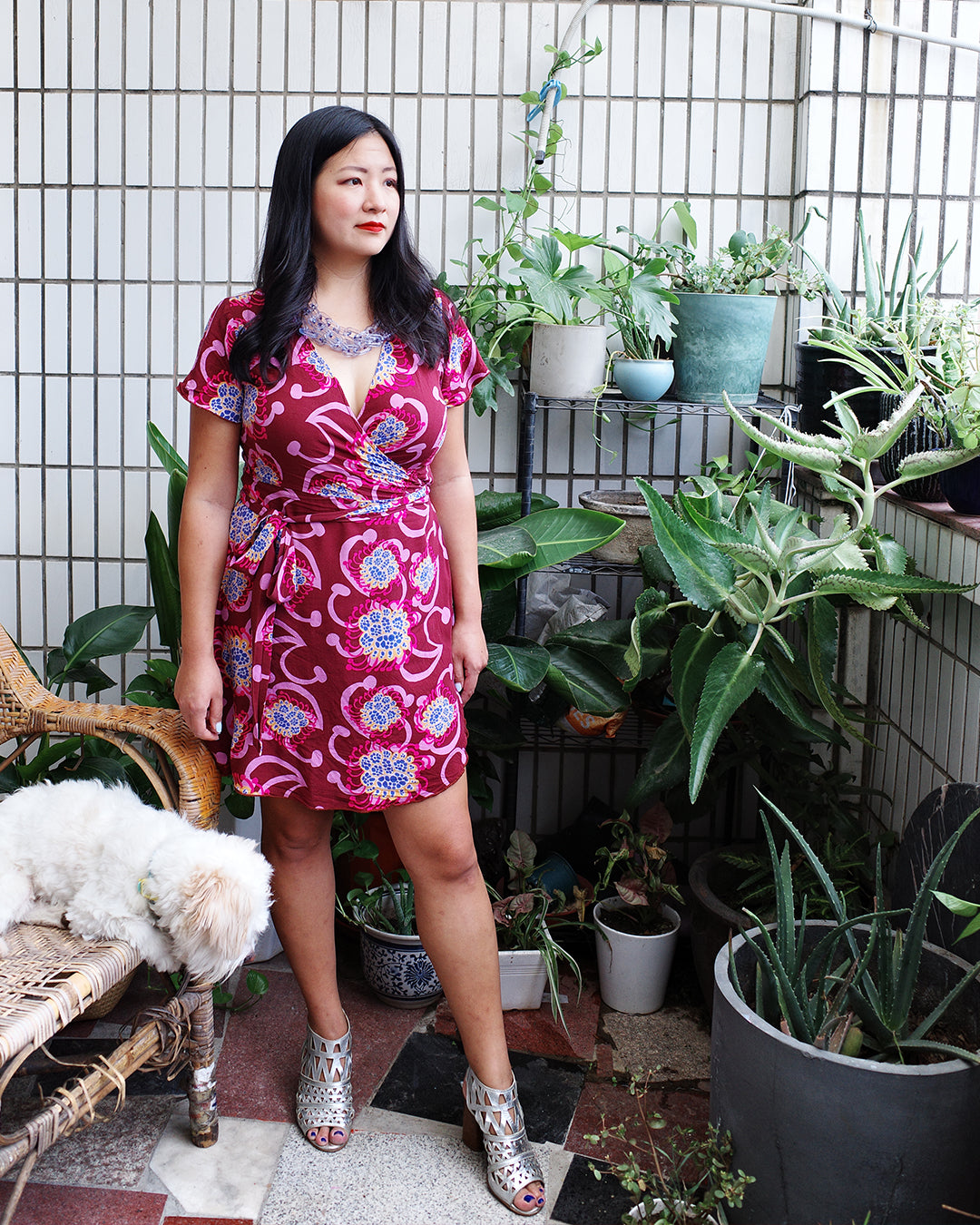 Maroon Pink Alien Flowers Short Wrap Dress