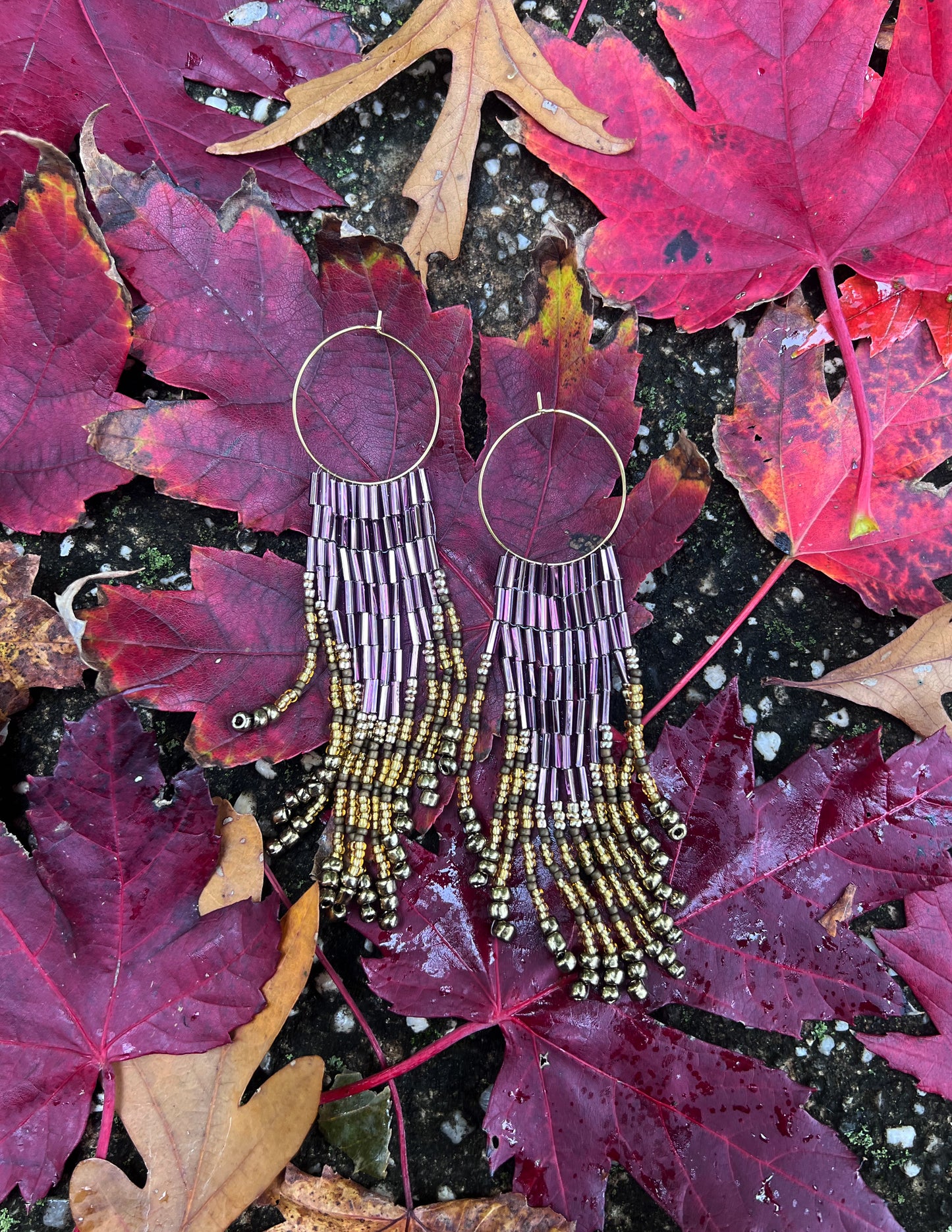 Purple Gold Cascade Fringe Seed Bead Earring