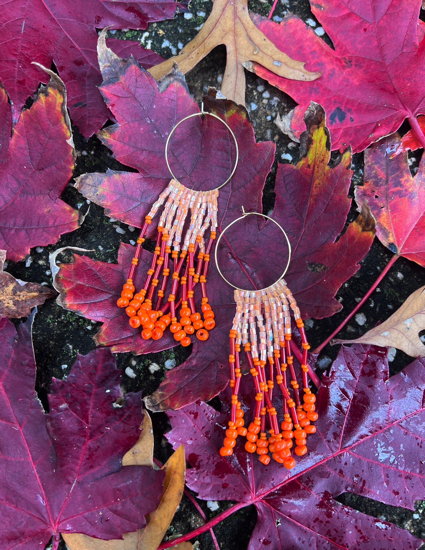 Red Orange Cascade Fringe Seed Bead Earring