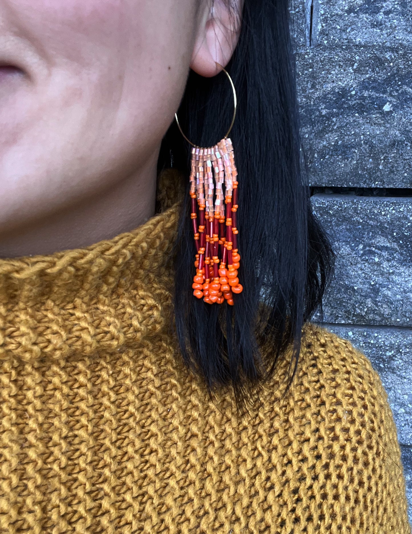 Red Orange Cascade Fringe Seed Bead Earring