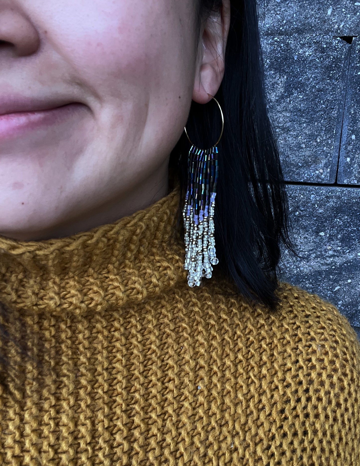 White Gold and Iridescent Purple Fringe Seed Bead Earring