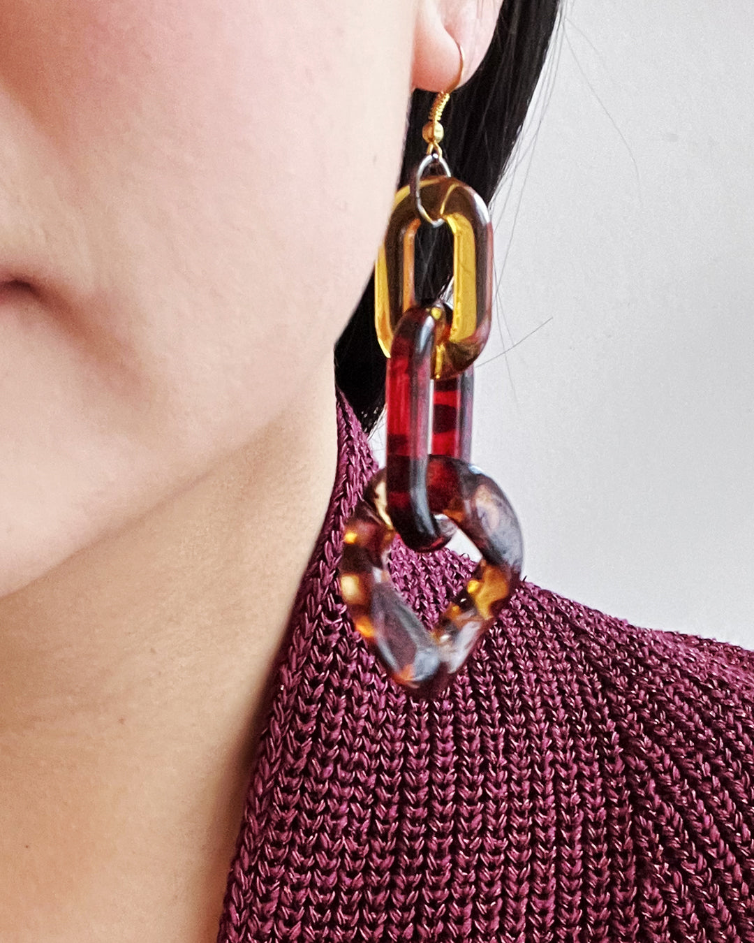 Infinite Colors Yellow Red Brown Tortoise Shell Triple Chain Earrings