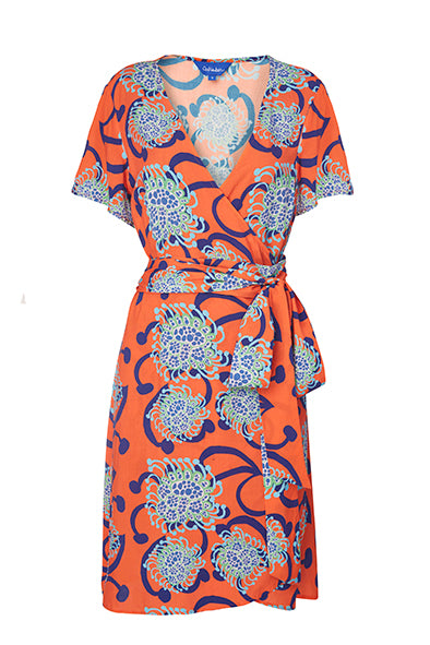 Coral / Blue Alien Flowers Short Wrap Dress | cukimber designs