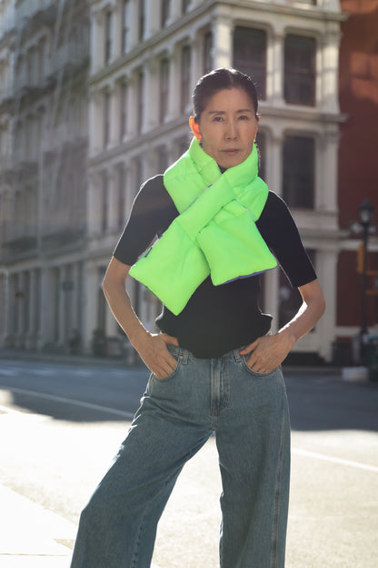 Neon Green Plaid Puffer Scarf | Colorful Winter | cukimber designs
