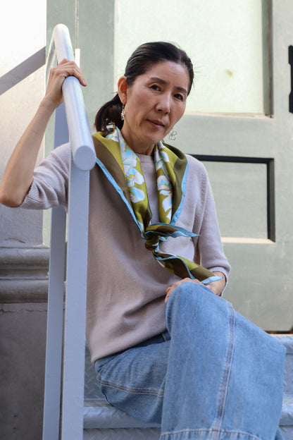 Sky Blue Olive Magnolia SILK TWILL SCARF