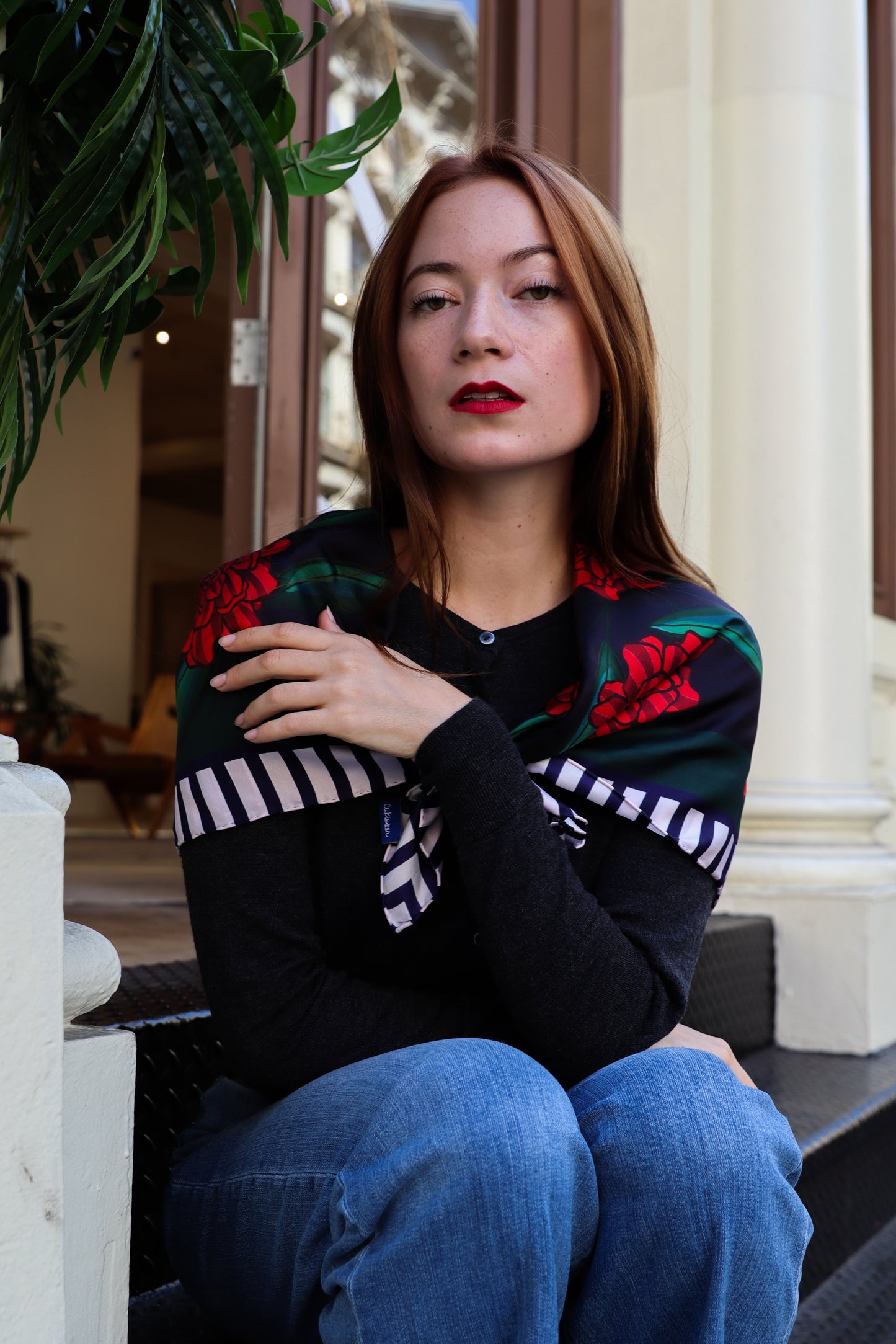 Navy Blue Red Peonies SILK TWILL SCARF