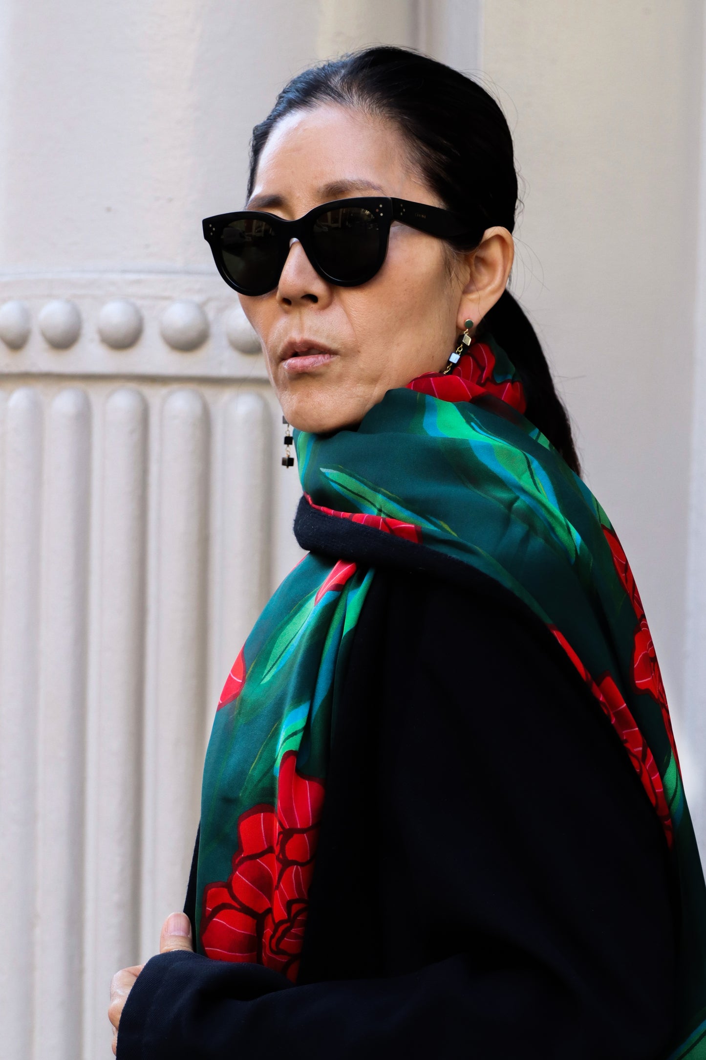 Red Peonies Black Scarf - Cashmere Chiffon Silk | cukimber designs