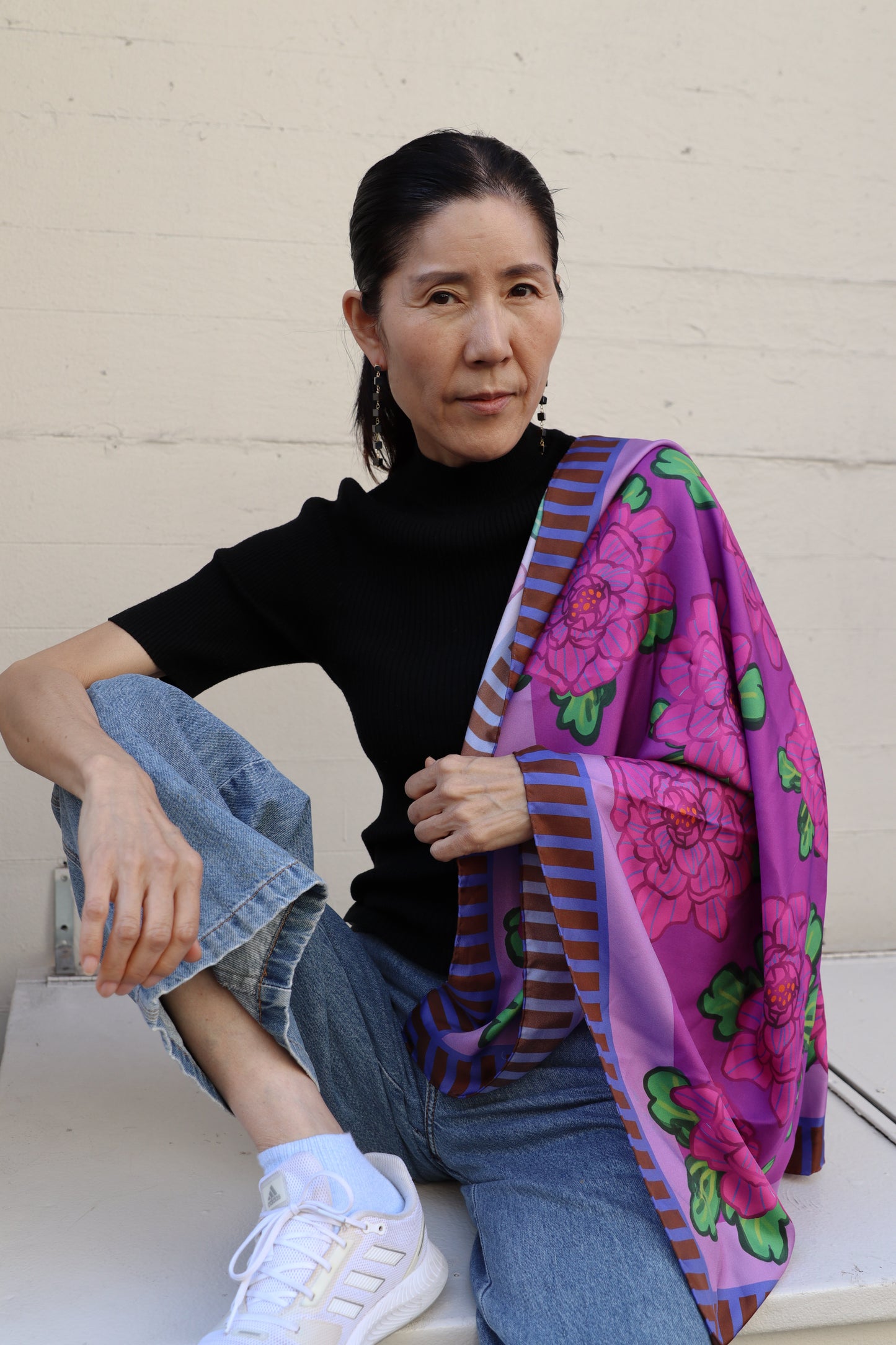 Berry Fuschia Pink Peonies SILK TWILL SCARF