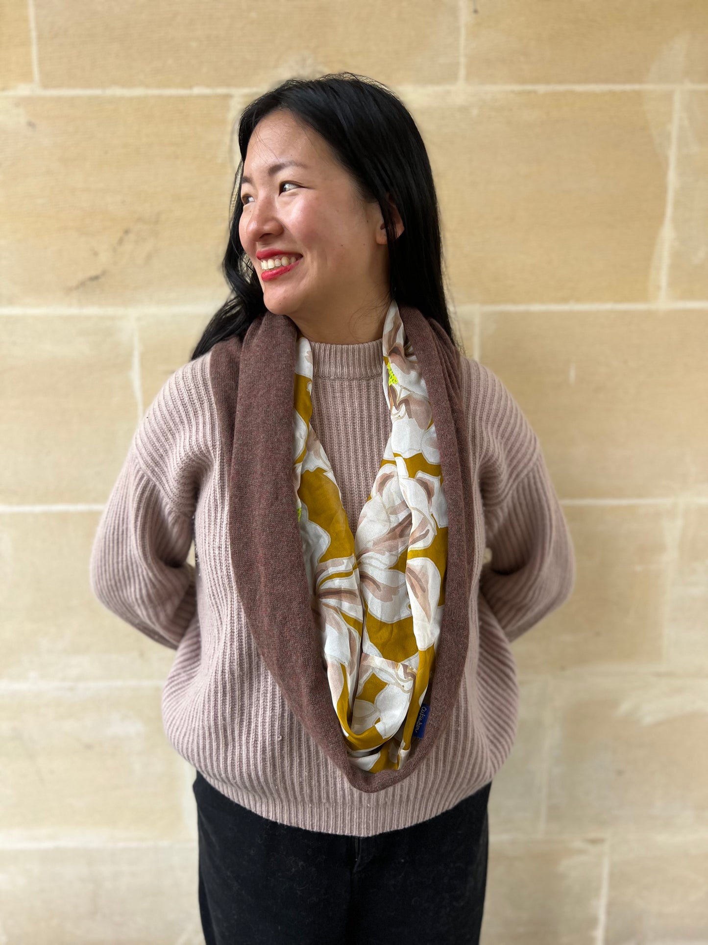 Ochre Magnolias Infinity Light Brown Cashmere Silk Chiffon Scarf | cukimber designs
