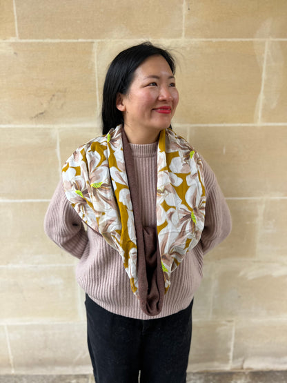 Ochre Magnolias Infinity Light Brown Cashmere Silk Chiffon Scarf | cukimber designs
