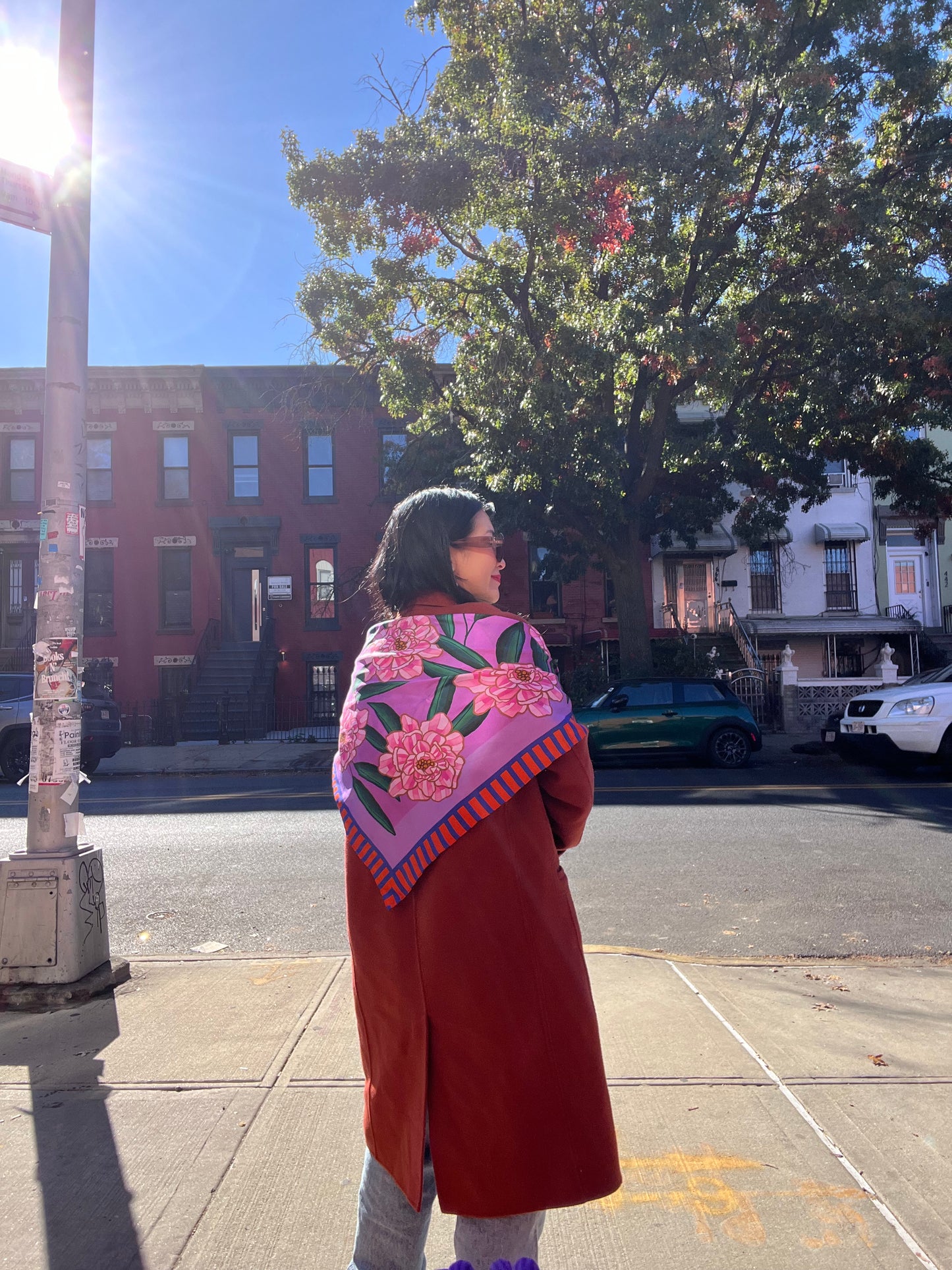 Orange Pink Peonies SILK TWILL SCARF