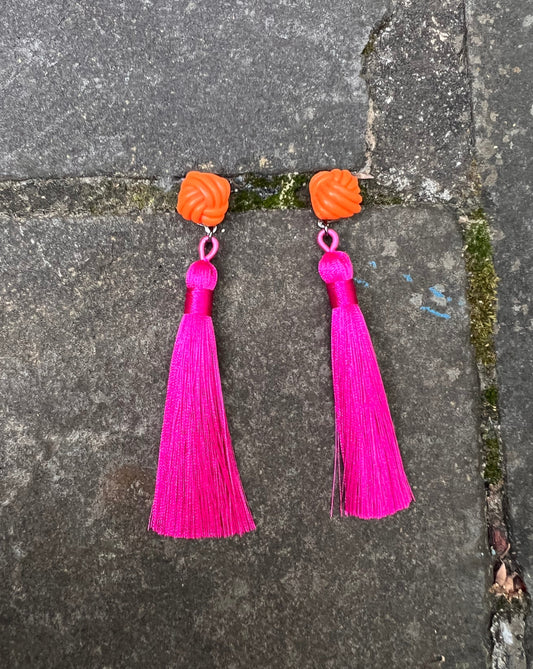 orange acrylic pink fuschia magenta tassel earrings