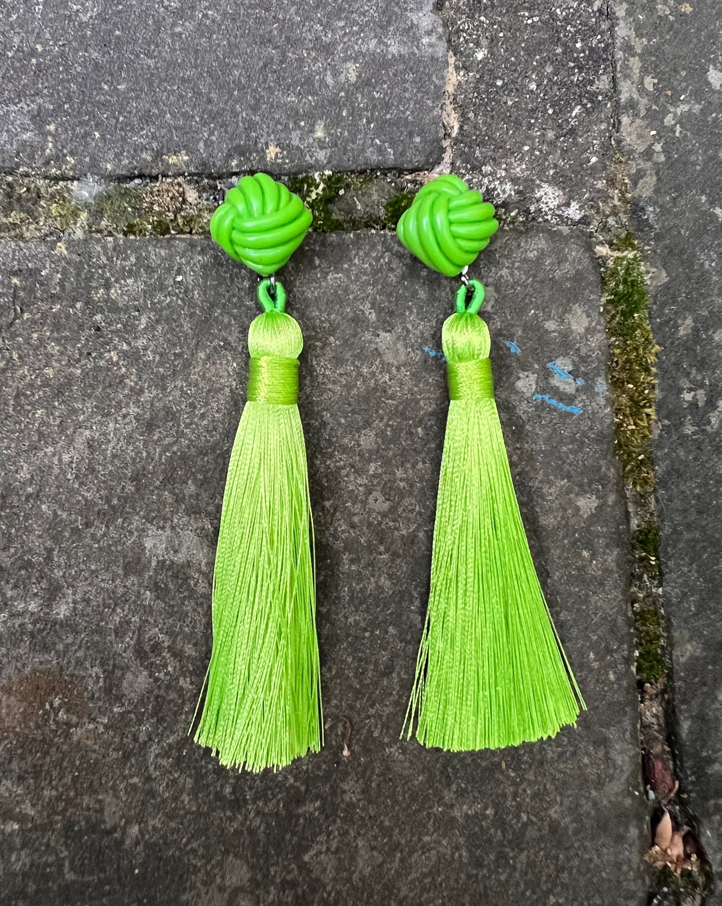 Infinity Knots - Lime Green Tassel Earrings