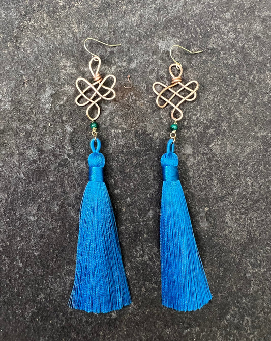 Infinity Knots - Malachite Dark Blue Tassel Earrings