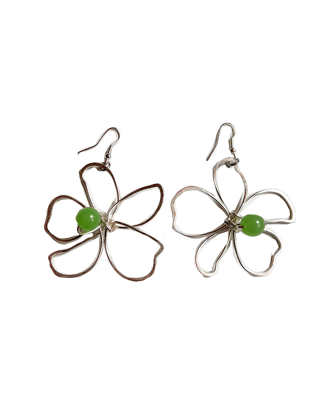 silver handmade flower earrings Large green glass beads