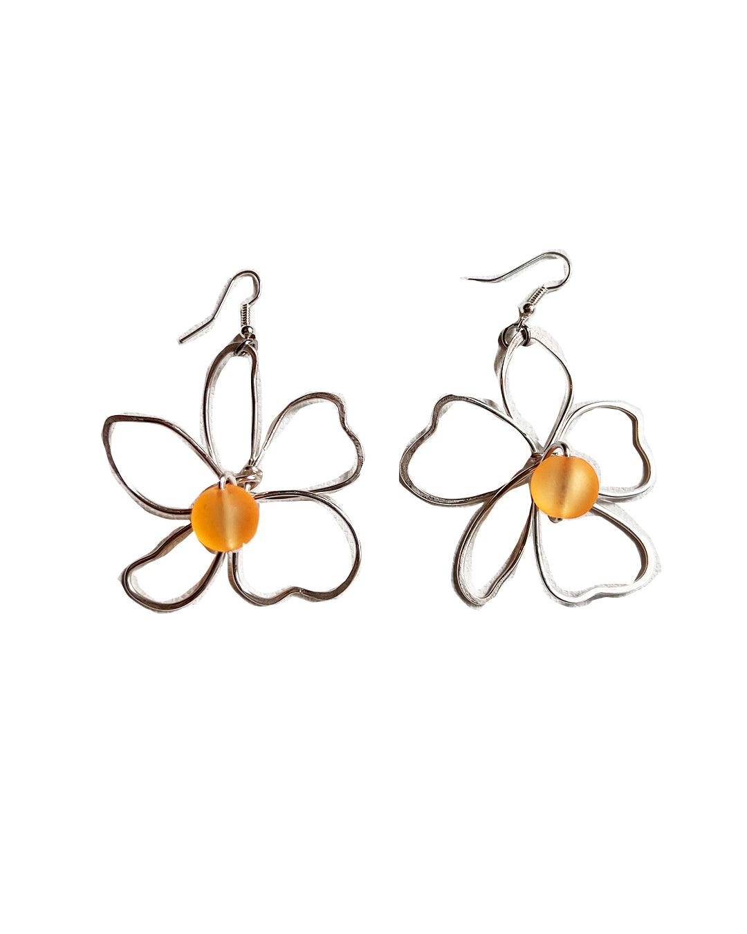 Silver Flower Earrings - Large Orange Translucent Acrylic Earrings