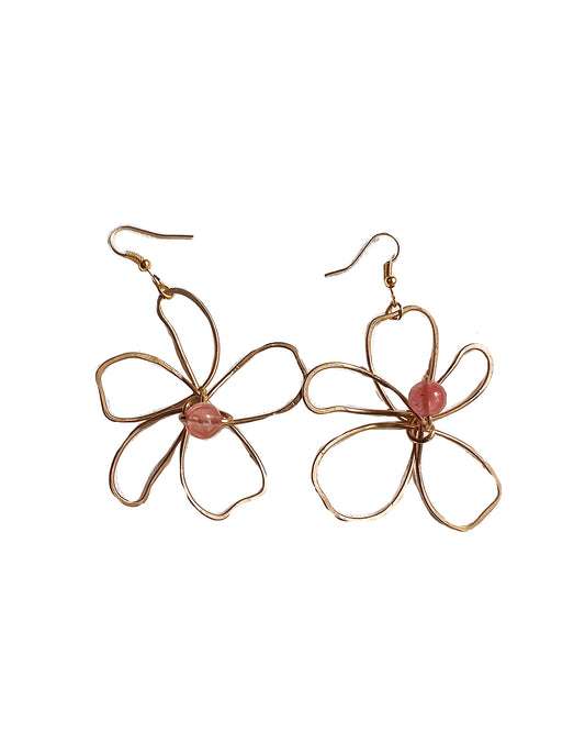 brass handmade flower earrings natural pink quartz