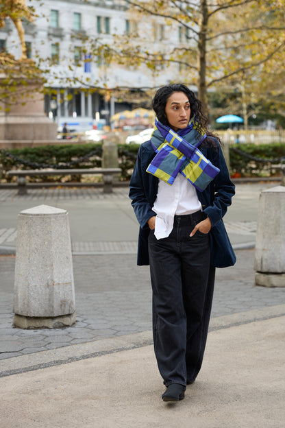 Blue Mustard Yellow Chartruese Plaid Puffer Scarf | Colorful Winter | cukimber designs