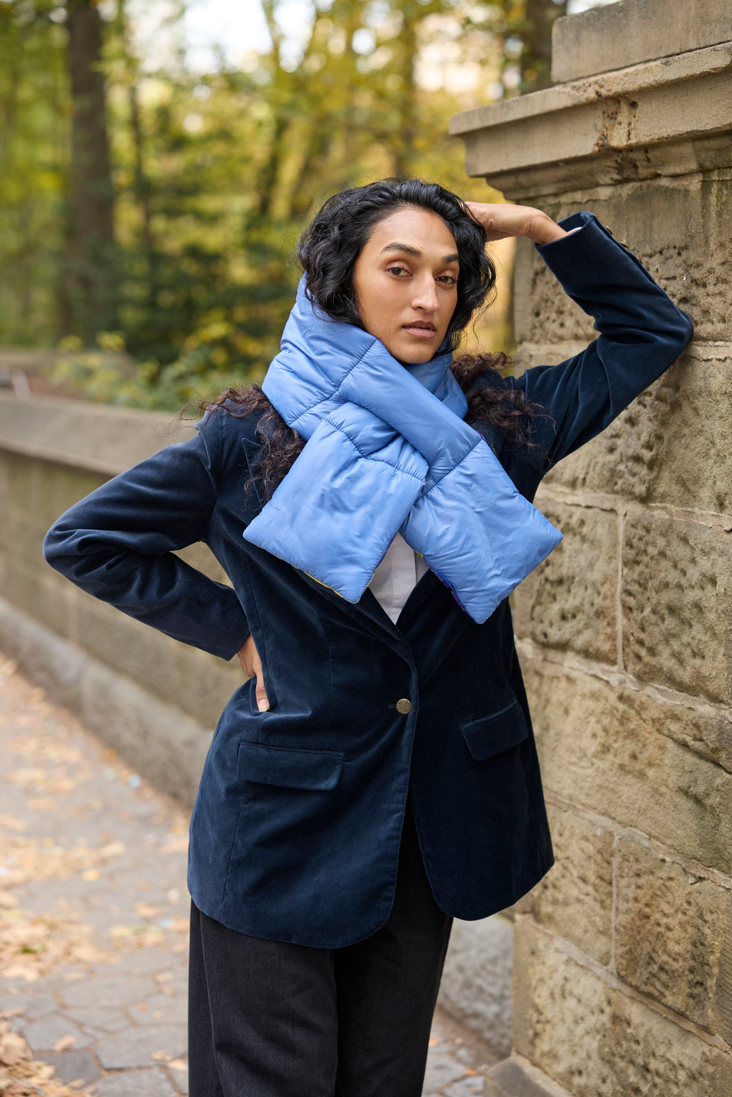 Blue Mustard Yellow Chartruese Plaid Puffer Scarf | Colorful Winter | cukimber designs