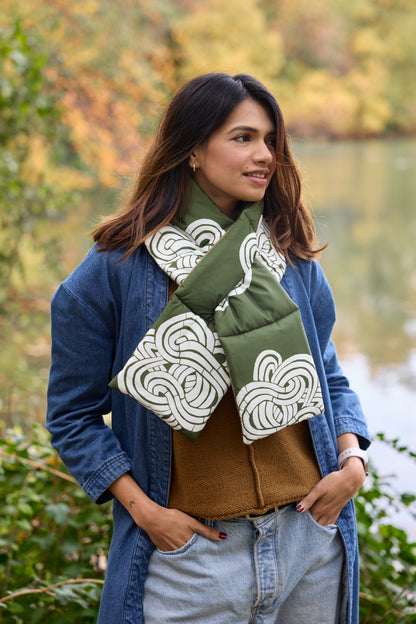 Olive Infinity Knots Puffer Scarf | Colorful Winter | cukimber designs