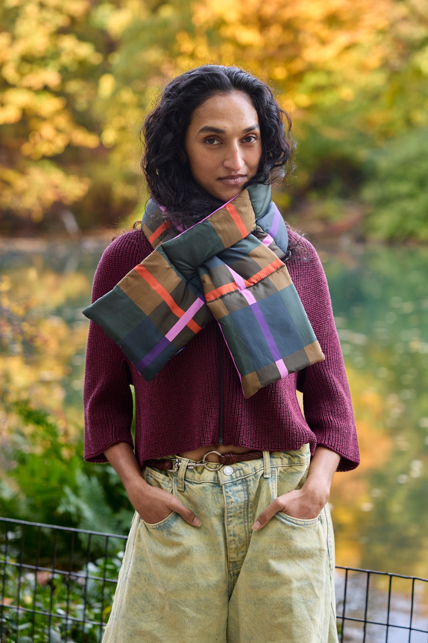 Pink Plaid Puffer Scarf | Colorful Winter | cukimber designs