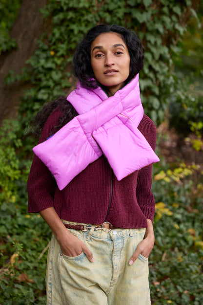 Pink Plaid Puffer Scarf | Colorful Winter | cukimber designs