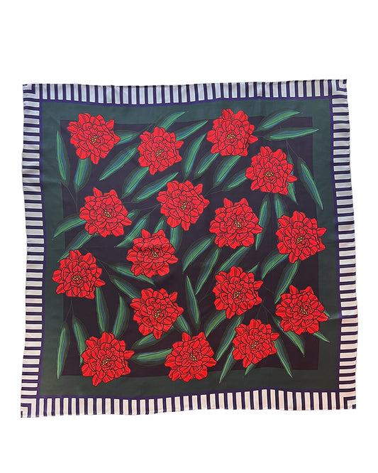 Navy Blue Red Peonies SILK TWILL SCARF - PREORDER ONLY