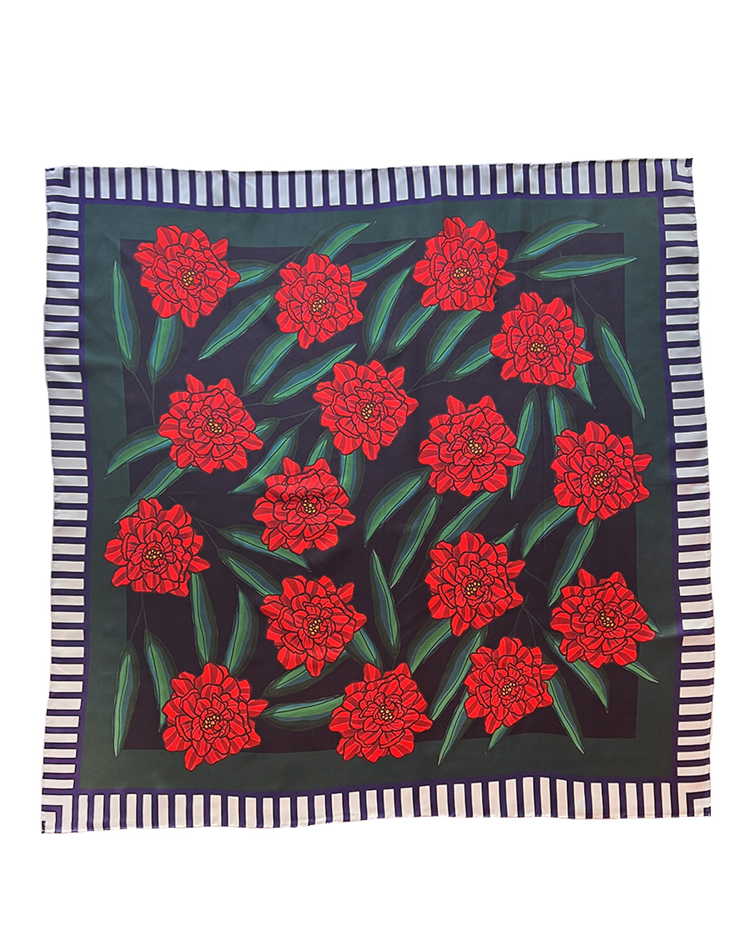 Navy Blue Red Peonies SILK TWILL SCARF