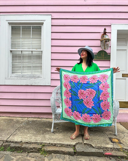 Mint Blue Peony Silk Twill Scarf - cukimber designs