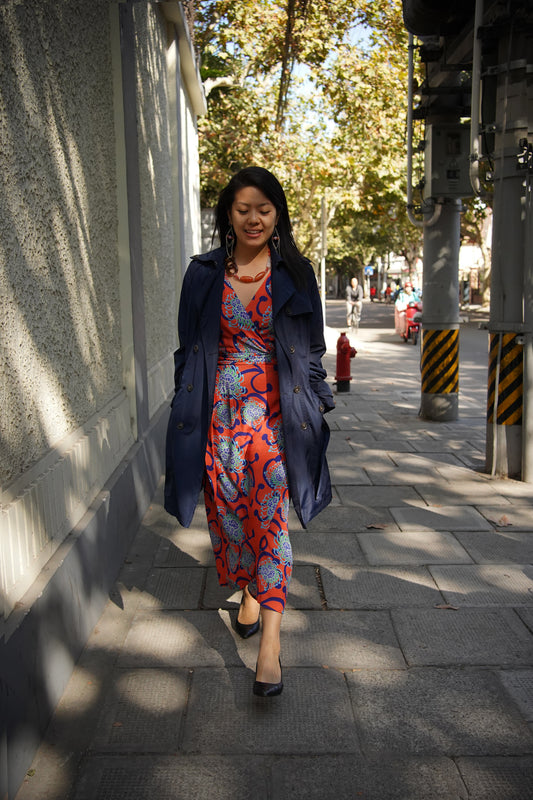 Coral / Blue Alien Flowers Curved Wrap Dress  | cukimber designs