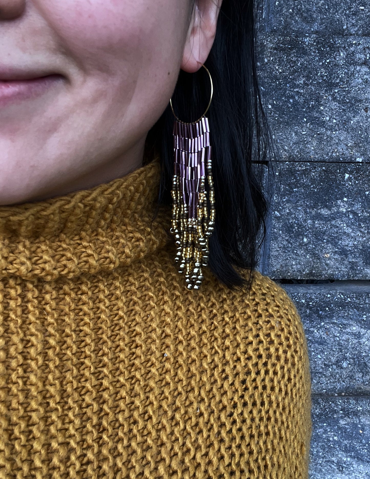 Purple Gold Cascade Fringe Seed Bead Earring