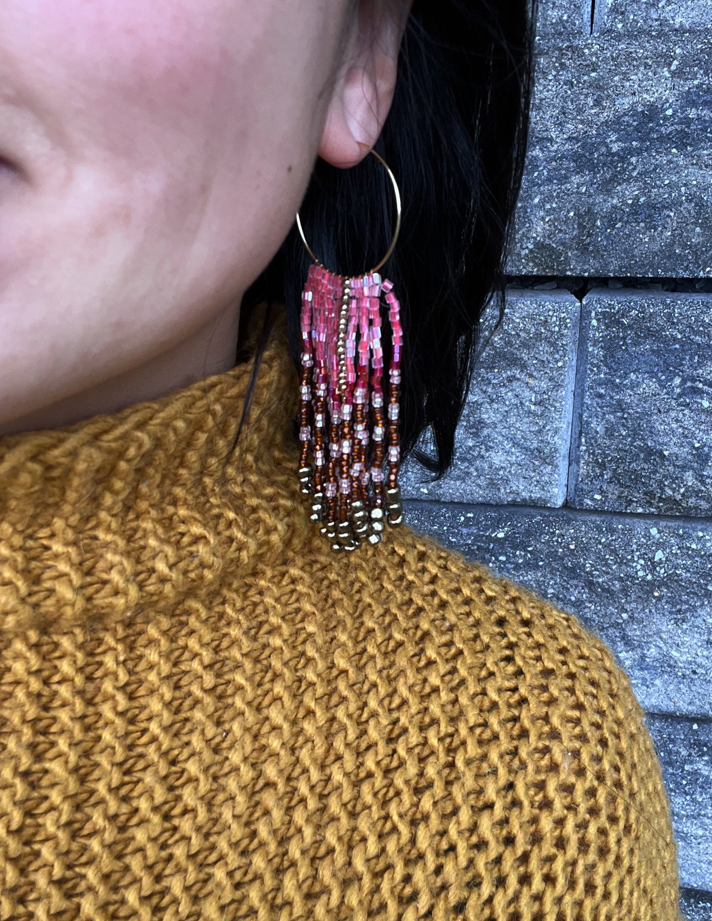 Red Pink Brown Cascade Fringe Seed Bead Earring