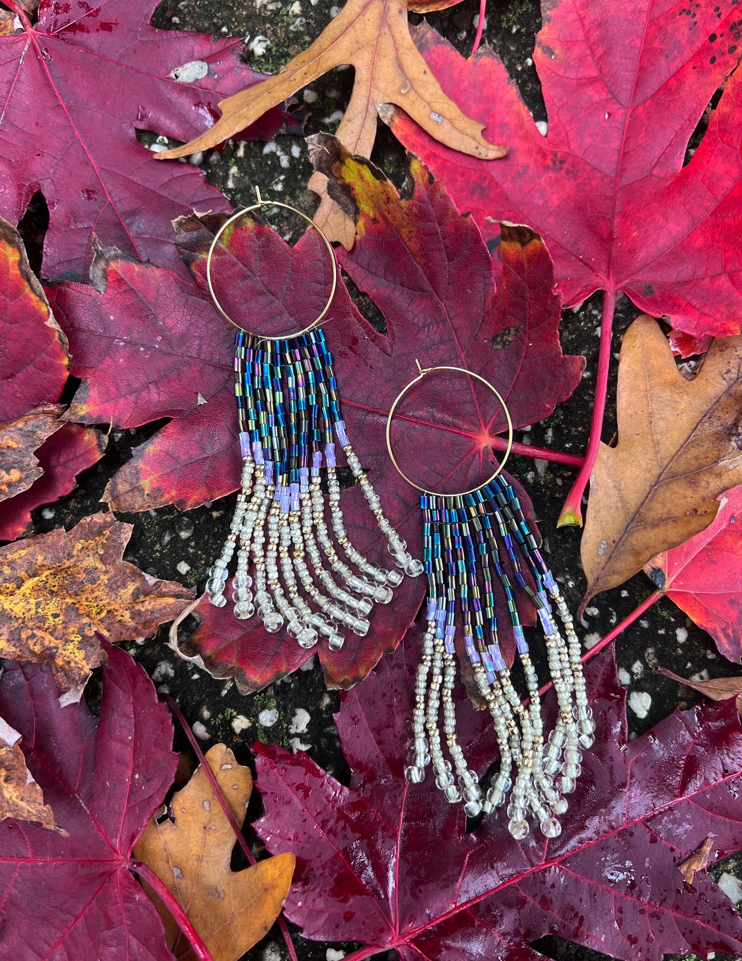 White Gold and Iridescent Purple Fringe Seed Bead Earring