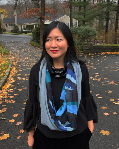 Blue Waves Infinity Gray Blue Cashmere Silk Chiffon Scarf | cukimber designs