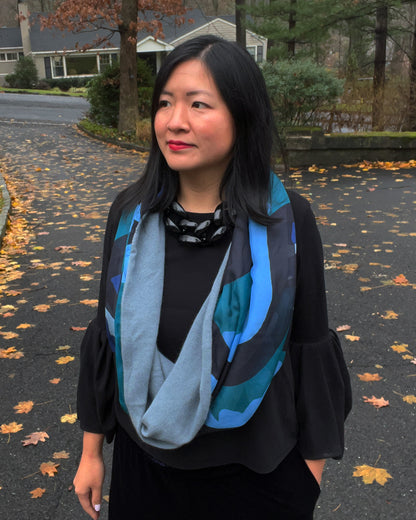 Blue Waves Infinity Gray Blue Cashmere Silk Chiffon Scarf | cukimber designs