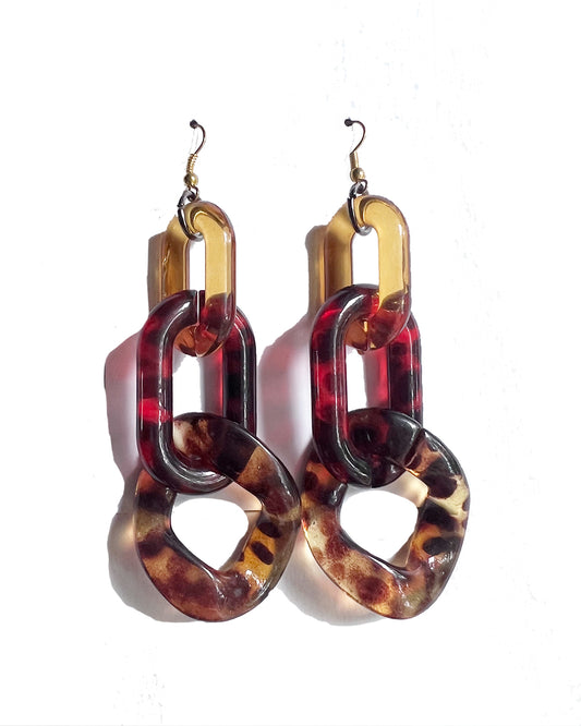 Infinite Colors Yellow Red Brown Tortoise Shell Triple Chain Earrings