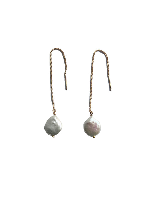 Semifine  - 18K Gold Plated Baroque Flat Disk Pearl Threader Earrings | cukimber designs